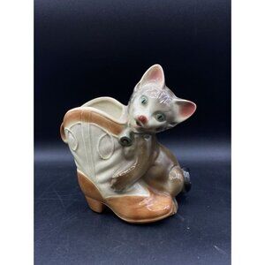 Ceramic Royal Copley Playful Kitten & Boot Planter Vintage 7.5" READ